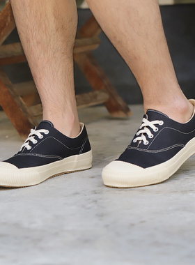 日本PRAS久留米硫化鞋底帆布鞋低帮鞋带MoonStar联名款黑面米底