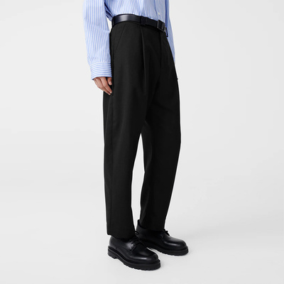 锥形中腰混羊毛九分休闲长裤黑