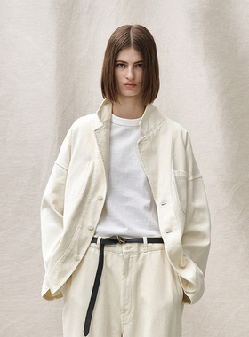 日本YOKO SAKAMOTO尾州棉厚实右斜纹弹性宽松口袋工装夹克米白