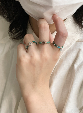 绿松石银珠串珠福字笑脸戒指