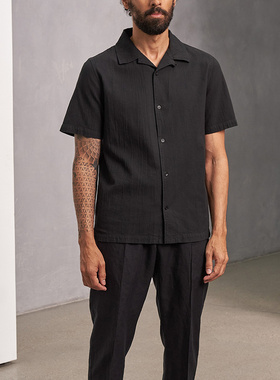 德国About Companions有机棉高捻纱自然皱纹凉爽短袖衬衫黑色