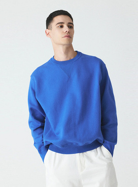 日本UN-USELESS针织V型加固耐用耐洗无捻纱棉圆领套头衫卫衣蓝色