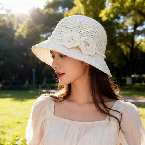 2026新款夏季草帽女花朵珍珠沙滩度假渔夫帽防晒遮阳帽韩版太阳帽