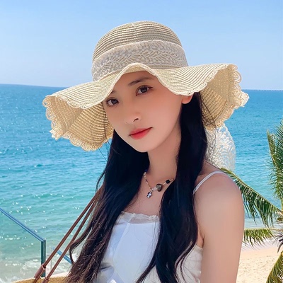 韩版夏季沙滩帽子蕾丝蝴蝶结草帽防晒帽檐遮阳遮阳帽海边太阳帽