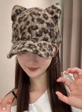 2026新款秋冬豹纹渔夫帽女冬季高级感千金帽子时尚大头围显脸小