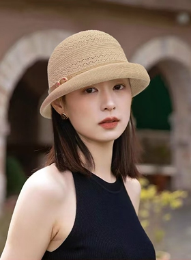 2026新款夏季草帽女花朵珍珠沙滩度假渔夫帽防晒遮阳帽韩版太阳帽