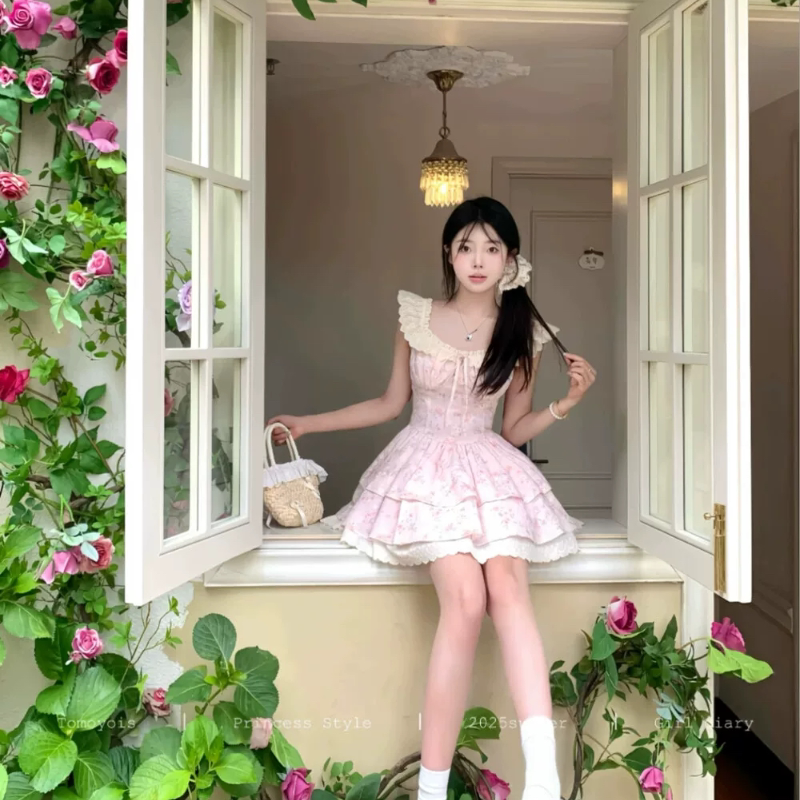 法式小飞袖连衣裙女夏长裙子碎花裙仙气飘飘公主裙千金风甜美学生