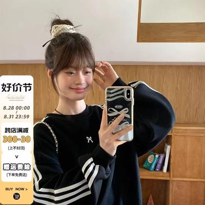 三条杠蝴蝶结黑色小众卫衣女2024秋季新款宽松显瘦韩版上衣外套潮