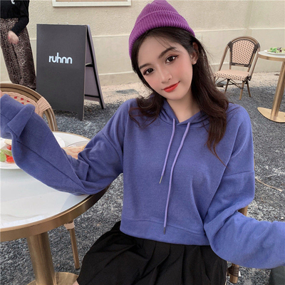 火龙果色宽松长袖高腰连帽短款卫衣女春秋设计感减龄炸街别致上衣