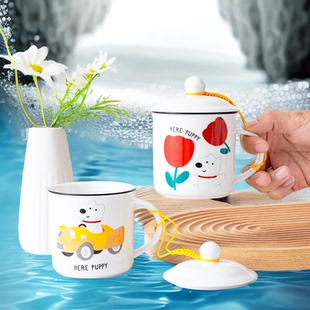 中号陶瓷马克杯带盖可爱卡通喝水杯子家用高颜值早餐牛奶杯耐高温