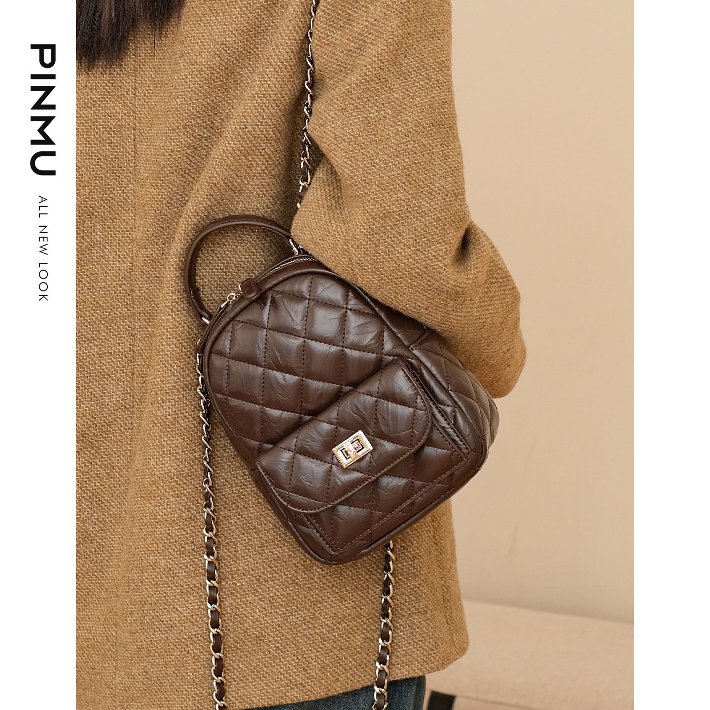 小香风菱格双肩包女2025新款