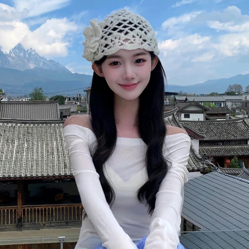 韩系针织立体花朵冷帽镂空编织