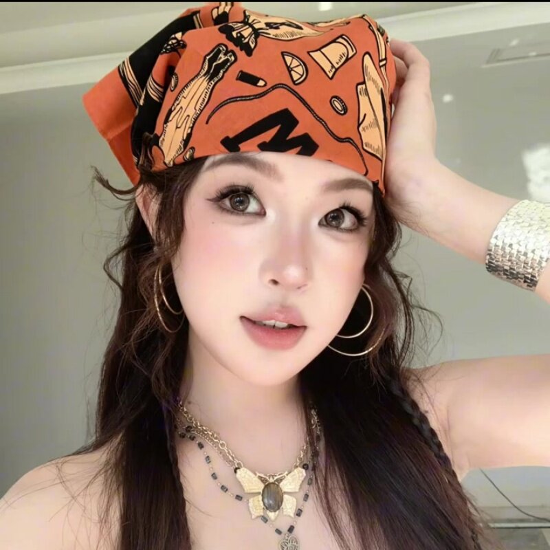美式复古头巾女包头小方巾嘻哈辣妹风丝巾发带街头音乐节头饰配饰
