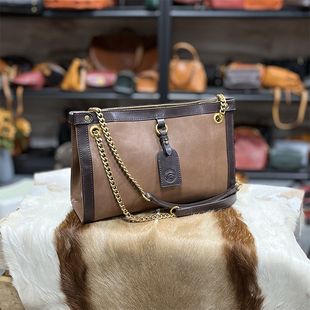 转山头层牛皮水染植鞣真皮单肩斜挎简约双链条百搭通勤女包