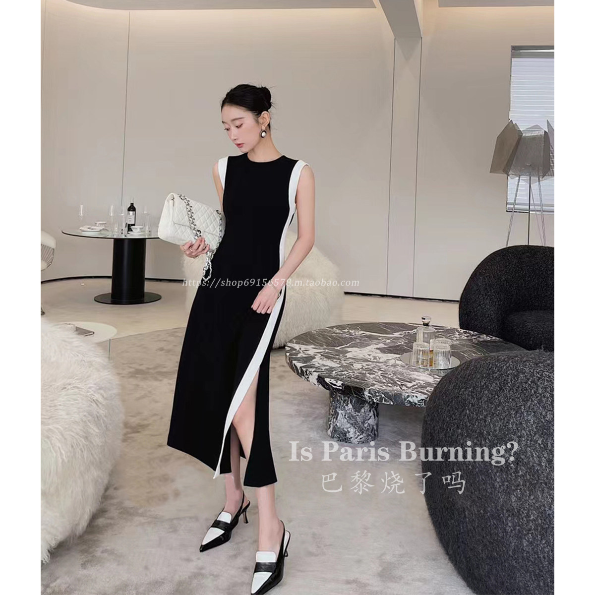 都市女子图鉴!超气质优雅无袖醋酸修身显瘦黑白拼色连衣裙子
