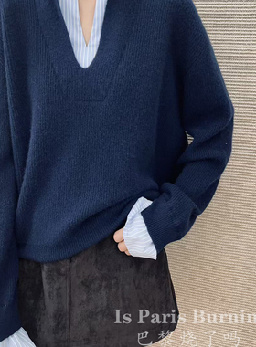 纯绒享受！高知穿搭假两件羊绒毛衣V领藏蓝色宽松针织衫女