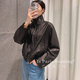 新款 宽松休闲复古通勤立领拉链羊皮黑色皮衣外套女