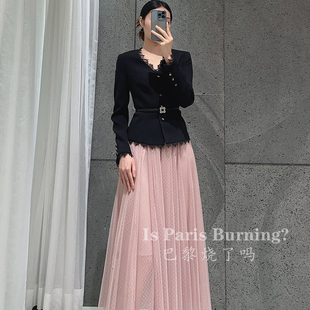 这件满分，不接受任何反驳！V领蕾丝显瘦腰带短外套黑色上衣女