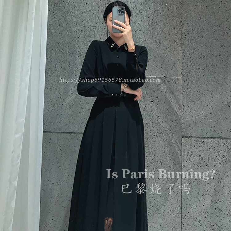 25新款时髦钉珠蜻蜓翻领腰带显瘦醋酸黑色中长款连衣裙女