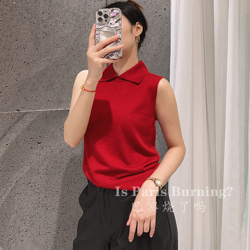气质时髦OL风无袖纯色羊绒宽松针织衫翻领短款上衣女