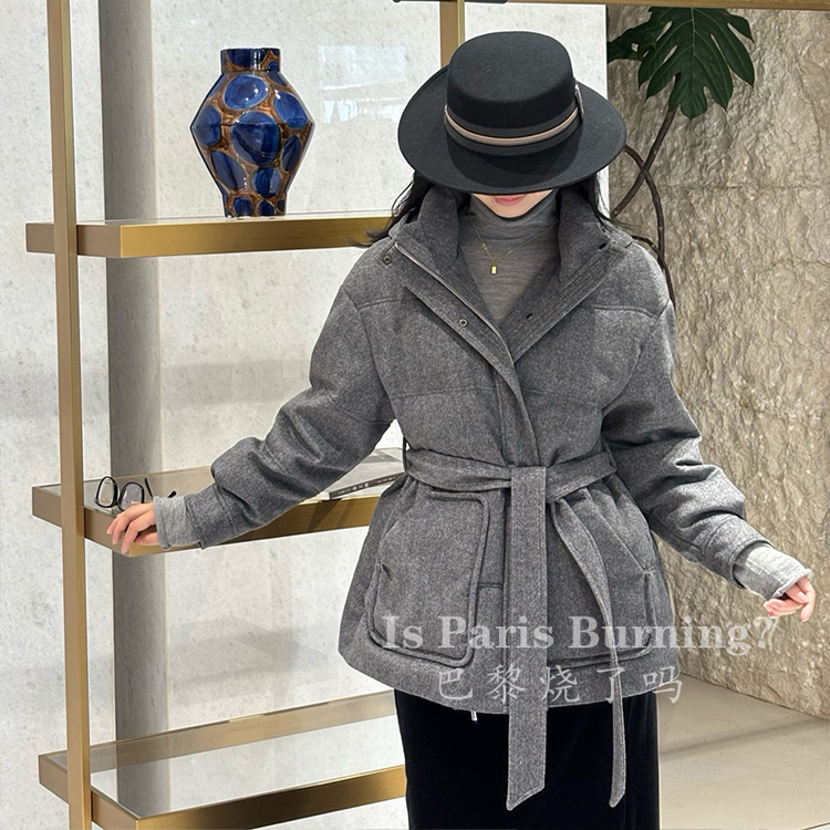 新款高级感羊绒保暖收腰系带设计咖灰色羊毛白鹅绒羽绒服女