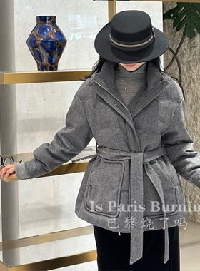 新款高级感羊绒保暖收腰系带设计咖灰色羊毛白鹅绒羽绒服女