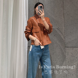 以梦为马 外套撞色羊皮咖色皮衣女 时髦百搭翻领短款