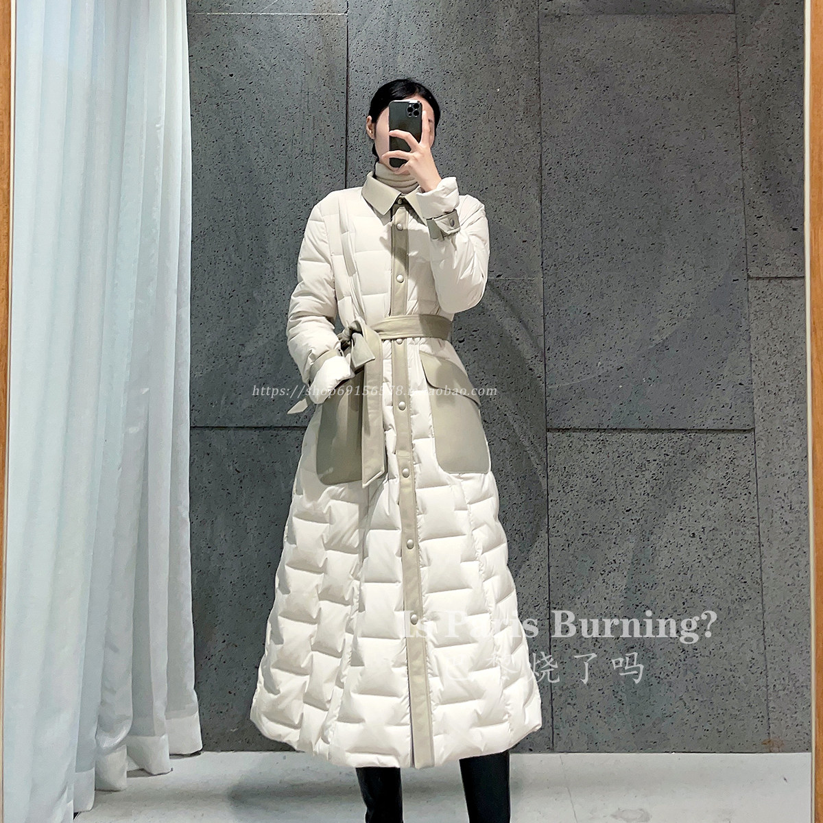 高端鹅绒！冬季新款鹅绒羽绒服腰带收腰显瘦拼接羊皮中长款外套女