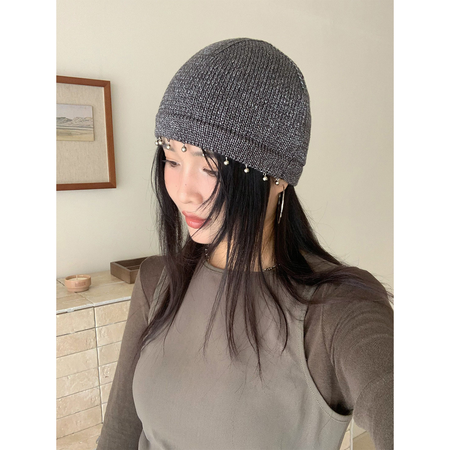 高定版~重工钉珠针织帽女秋冬超闪亮晶晶毛线帽子包头帽时髦复古