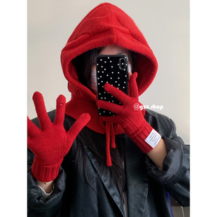 氛围感单品~红色巴拉克拉法帽女秋冬仿羊绒2024新款帽子手套套装