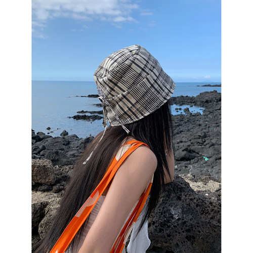 日系小众~黑白格子渔夫帽女y2k风