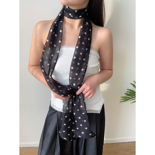 高端配饰春夏季 时髦飘带 定制珠光丝绸波点长条丝巾女款 韩代25ss