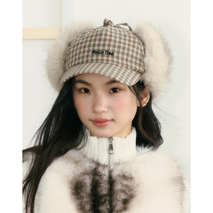 韩系ins格子两戴帽子雷锋帽护耳秋冬女保暖加绒棒球帽2025新款潮
