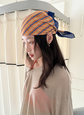 韩系ins条纹头巾女夏季薄款2025新款复古辣妹装饰丝巾包头方巾潮