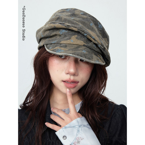 定制面料】复古迷彩做旧报童帽女