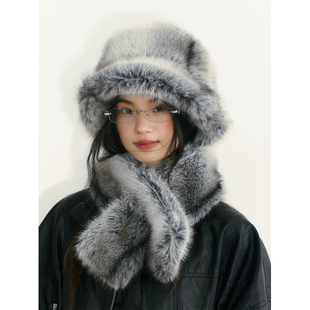 高级感灰色渐变毛绒帽子围巾两件套寒冬保暖大头渔夫帽女护颈围脖