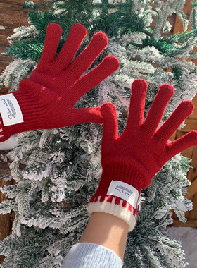 郭佐佐~韩国款25ss冬季保暖羊毛手套女红色高颜值可触屏手套骑行