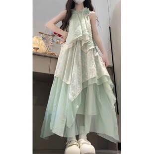 温柔风不规则挂脖连衣裙女夏日绝美公主裙海边度假网纱长 法式
