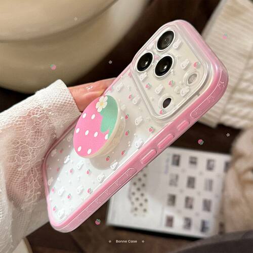 粉边草莓小兔支架适用iphone18pm苹果16手机壳17全包软边框15甜美