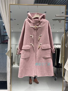 欧洲站双面呢外套女100羊毛牛角扣绵羊毛通勤2023秋冬 学院风连帽