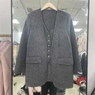 Amii小香风全羊毛毛呢外套女2024冬新款短款夹克圆领单排扣双面呢