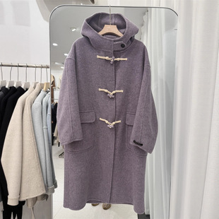 牛角扣连帽外套双面羊毛大衣女学院风加厚过膝羊毛呢外套长款冬