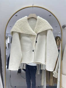 2024新款 大翻毛领双面羊毛大衣女短款小香风撞色毛呢外套小个子