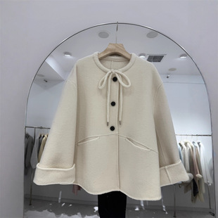 2025秋冬新款韩版蝴蝶结羊绒大衣女短款仿羊毛外套设计感