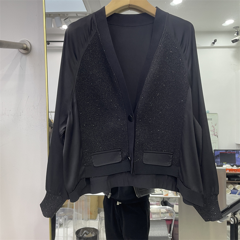 2025春夏季新款女装上衣百搭显瘦小香风洋气简约设计拼接亮片外套