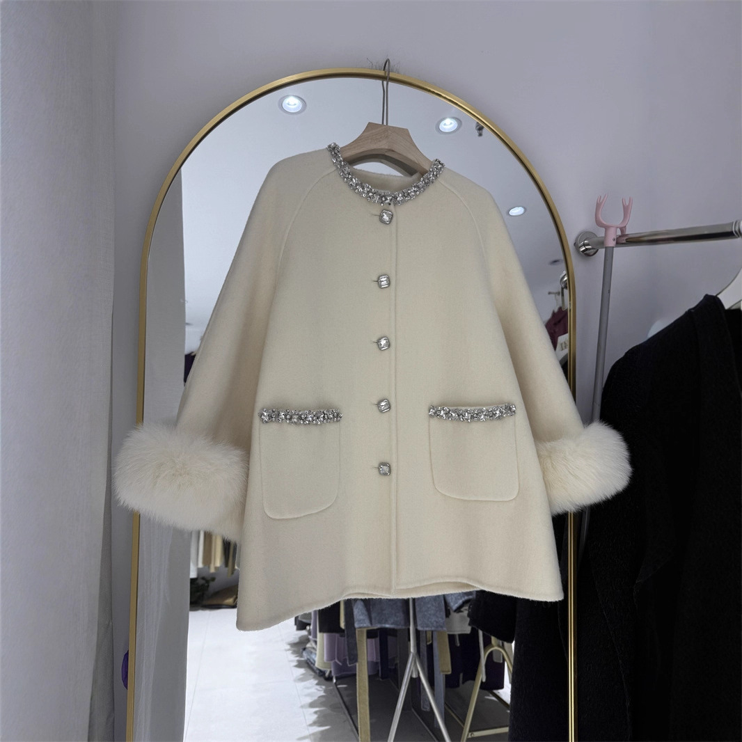狐狸毛袖 手工钻领 双面羊毛大衣女富家千金感呢子外套秋季
