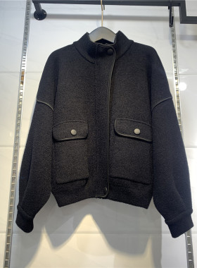 欧洲站2021女士外套早秋冬设计感短外套百搭拼接拉链立领帅气上衣