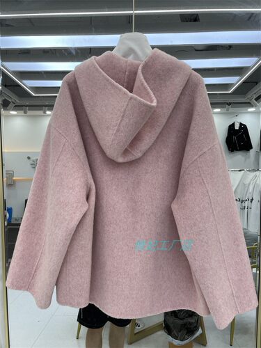 高端定制2023秋冬羊毛大衣女款欧洲站双面呢外套连帽绵羊毛宽松版