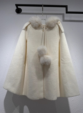 富家千金毛绒拼接斗篷针织毛呢秋冬季设计感宽松保暖大衣