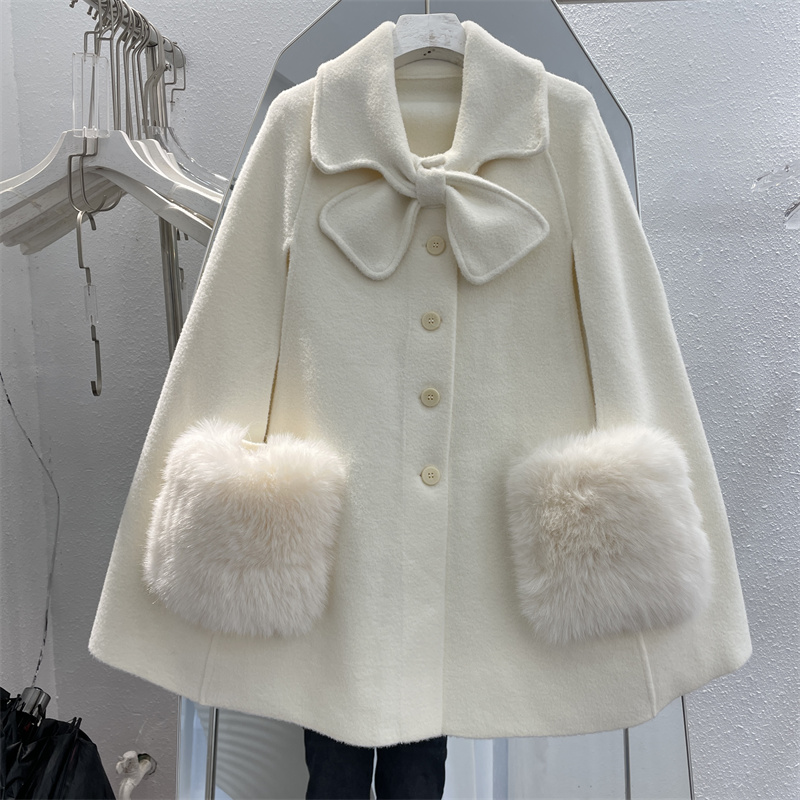 蝴蝶结小香风针织双面大衣斗篷2025秋冬高级感毛衣外套女仿狐狸毛